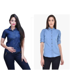 Womens Denim Solid Shirt Buy 1 Get 1 Free Navy Blue Fabric